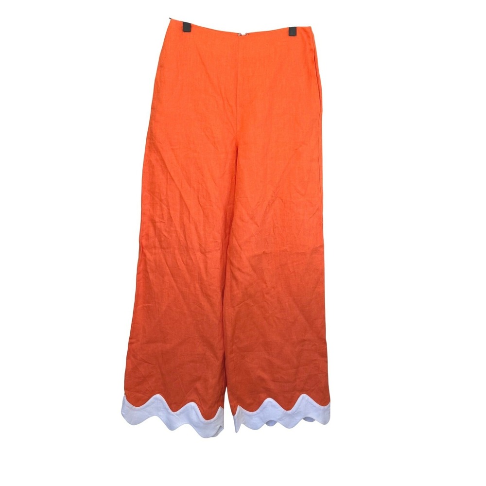 Staud Orange Linen Wide Leg Pants Scalloped Hem White Retro Avant‎ Garde Size 2